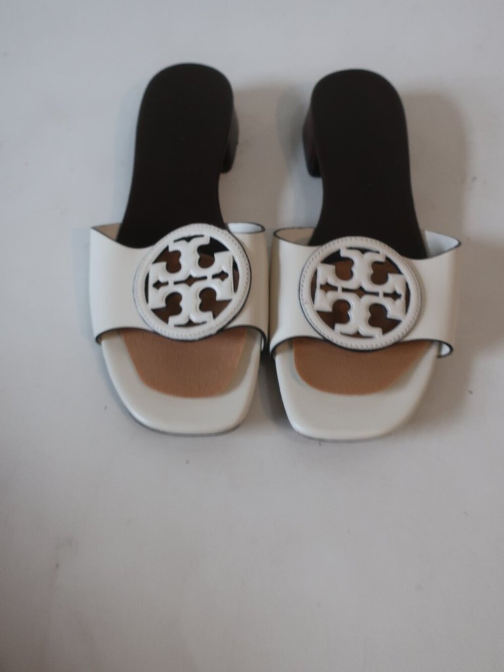 Womens Tory Burch White Bombe Miller Slide Leather Sandals W/Double T Logo 6